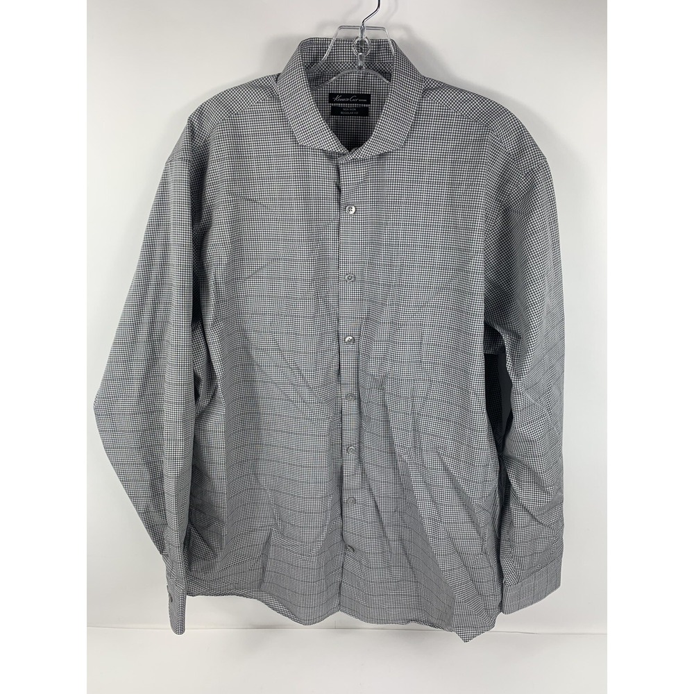 Kenneth Cole Mens New York Shirt 16.5 Black White Check Long Sleeve Button Down